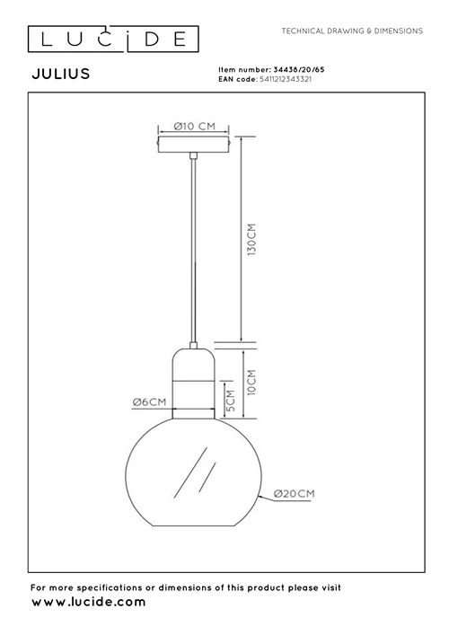 Lucide JULIUS - Pendelleuchten - Ø 20 cm - 1xE27 - Rauchfarbe Grau - technisch